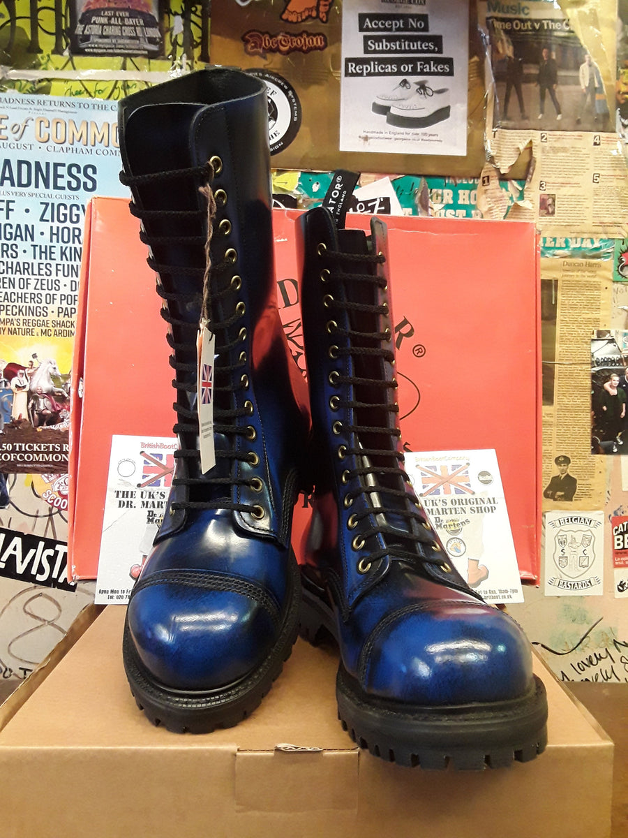 Gladiator Vintage 90 s Size UK9 11 Made in England Steel Toe Boots Blue Rub Off 14 Hole Boots